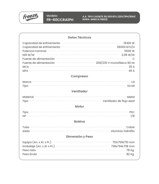 Aire Acondicionado Tipo Cassete 60.000 BTU 220V/1PH/60HZ R410A