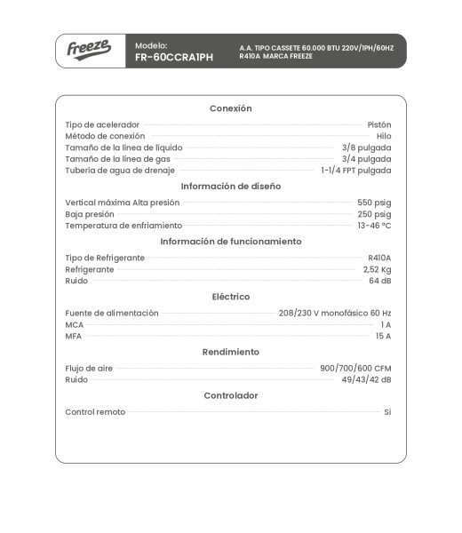 Aire Acondicionado Tipo Cassete 60.000 BTU 220V/1PH/60HZ R410A