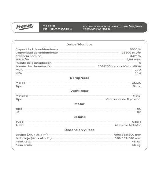 Aire Acondicionado Tipo Cassete 36.000 Btu 220V/1Ph/60Hz R410A