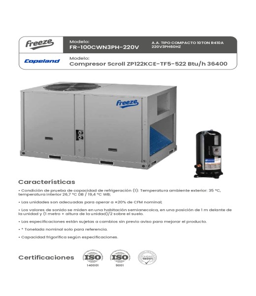 Aire Acondicionado Tipo Compacto 10Ton R410A 220V/3Ph/60Hz