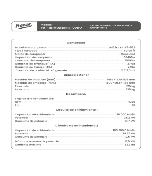Aire Acondicionado Tipo Compacto 10Ton R410A 220V/3Ph/60Hz