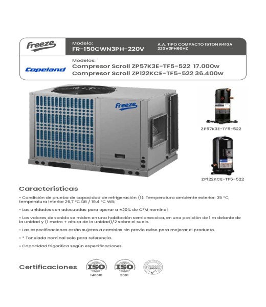 Aire Acondicionado Tipo Compacto 15Ton R410A 220V/3Ph/60Hz