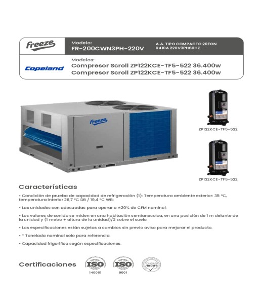 Aire Acondicionado Tipo Compacto 20Ton R410A 220V/3Ph/60Hz