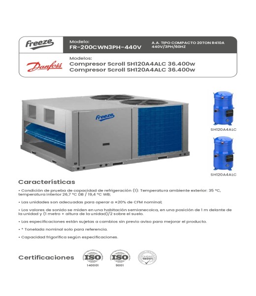 Aire Acondicionado Tipo Compacto 20Ton R410A 440V/3Ph/60Hz