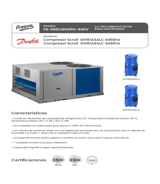 Aire Acondicionado Tipo Compacto 30Ton R410A 440V/3Ph/60Hz