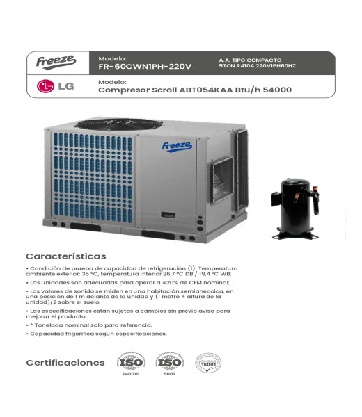 Aire Acondicionado Tipo Compacto 5Ton R410A 220V/1Ph/60Hz