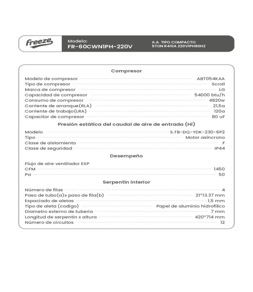 Aire Acondicionado Tipo Compacto 5Ton R410A 220V/1Ph/60Hz