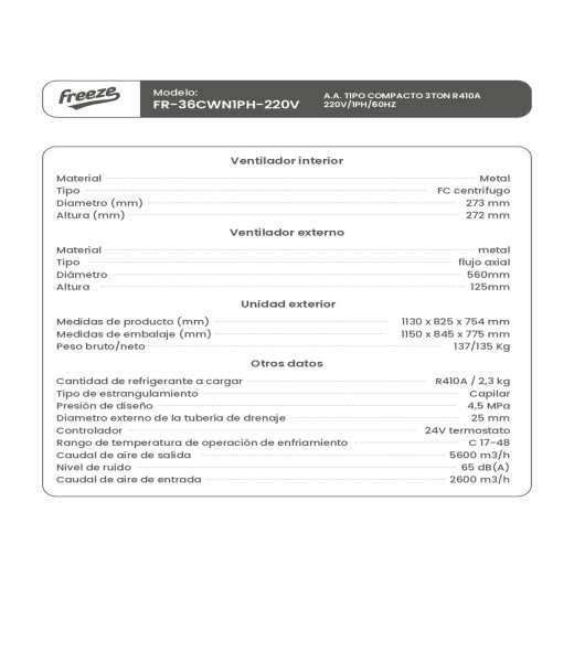 Aire Acondicionado Tipo Compacto 5Ton R410A 220V/1Ph/60Hz
