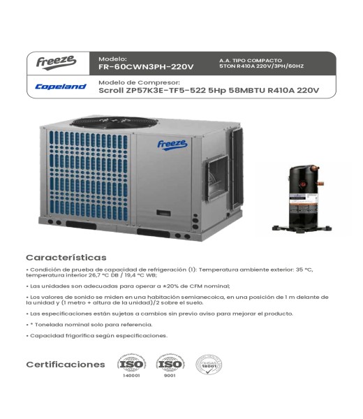 Aire Acondicionado Tipo Compacto 5Ton R410A 220V/3Ph/60Hz