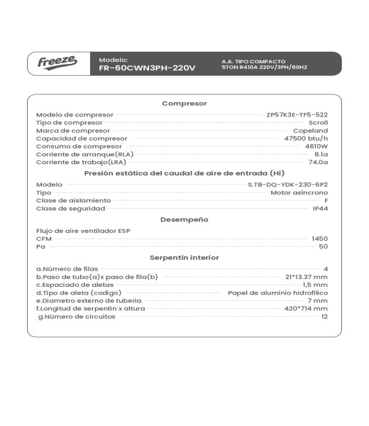Aire Acondicionado Tipo Compacto 5Ton R410A 220V/3Ph/60Hz