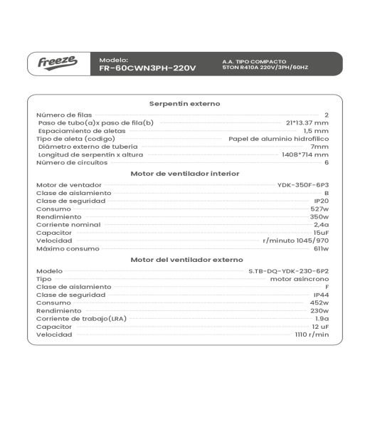 Aire Acondicionado Tipo Compacto 5Ton R410A 220V/3Ph/60Hz
