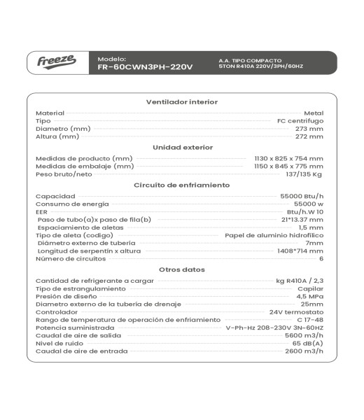 Aire Acondicionado Tipo Compacto 5Ton R410A 220V/3Ph/60Hz
