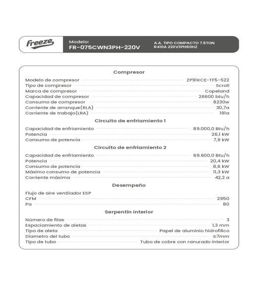 Aire Acondicionado Tipo Compacto 7.5Ton R410A 220V/3Ph/60Hz