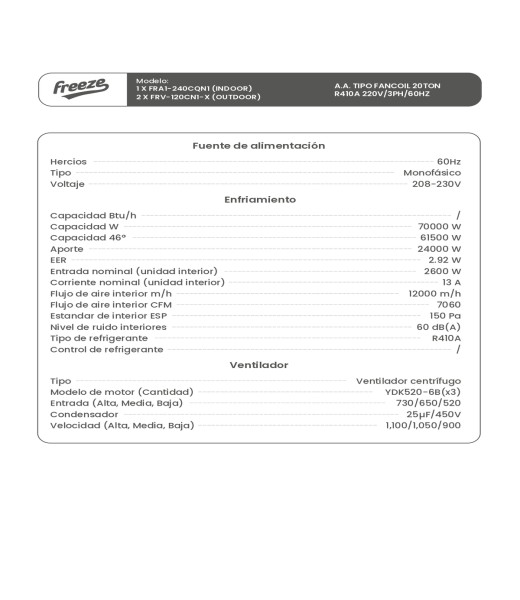 Aire Acondicionado Tipo Fancoil 20Ton R410A 220V/3Ph/60Hz