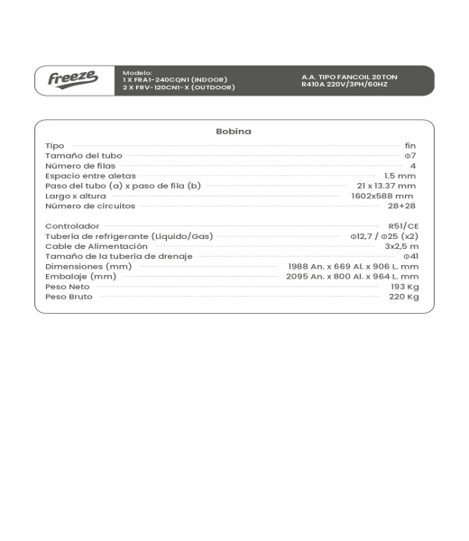 Aire Acondicionado Tipo Fancoil 20Ton R410A 220V/3Ph/60Hz