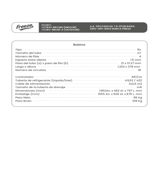 Aire Acondicionado Tipo Fancoil 7.5/8Ton R410A 220V/3Ph/60Hz