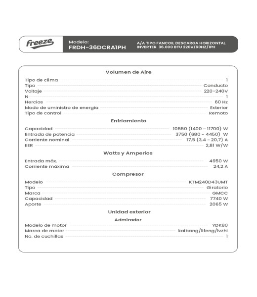 Tipo Fancoil Descarga Horizontal Inverter, 3Ton/36K Btu 220V/60Hz/1Ph