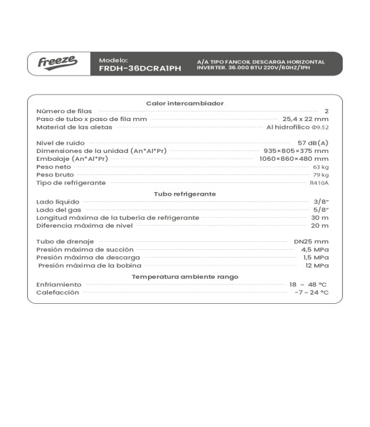 Tipo Fancoil Descarga Horizontal Inverter, 3Ton/36K Btu 220V/60Hz/1Ph