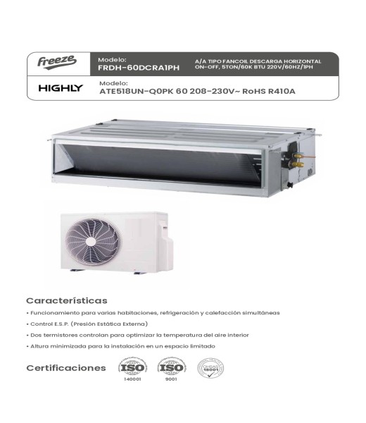 Aire Acondicionado Tipo Fancoil Descarga Horizontal On-Off, 5Ton/60K Btu 220V/60Hz/1Ph