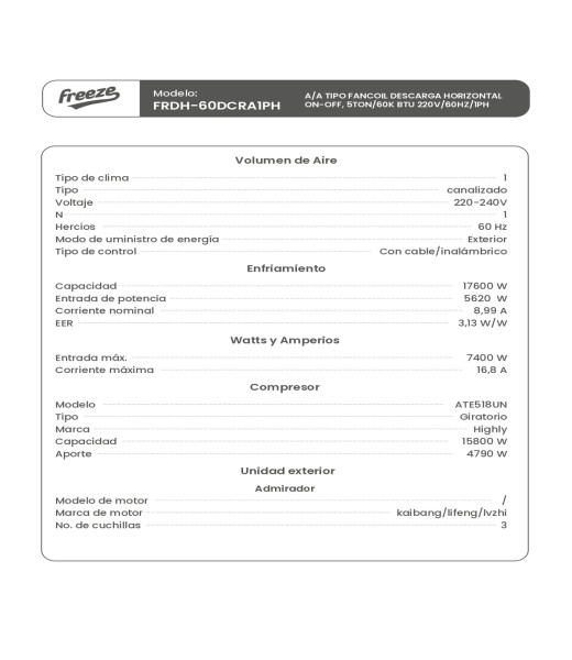 Aire Acondicionado Tipo Fancoil Descarga Horizontal On-Off, 5Ton/60K Btu 220V/60Hz/1Ph