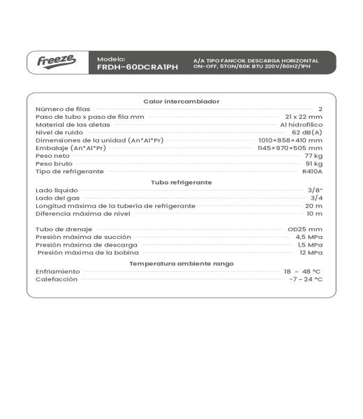 Aire Acondicionado Tipo Fancoil Descarga Horizontal On-Off, 5Ton/60K Btu 220V/60Hz/1Ph