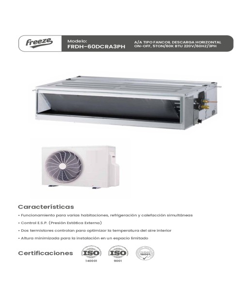 Aire Acondicionado Tipo Fancoil Descarga Horizontal On-Off, 5Ton/60K Btu 220V/60Hz/3Ph
