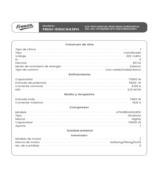 Aire Acondicionado Tipo Fancoil Descarga Horizontal On-Off, 5Ton/60K Btu 220V/60Hz/3Ph