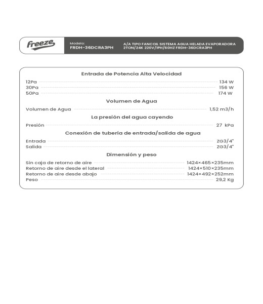 Aire Acondicionado Tipo Fancoil Sistema Agua Helada, Evaporadora 2Ton/24K 220V/1Ph/60Hz
