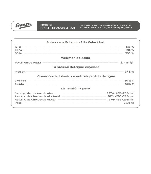 Aire Acondicionado Tipo Fancoil Sistema Agua Helada, Evaporadora 3Ton/36K 220V/1Ph/60Hz