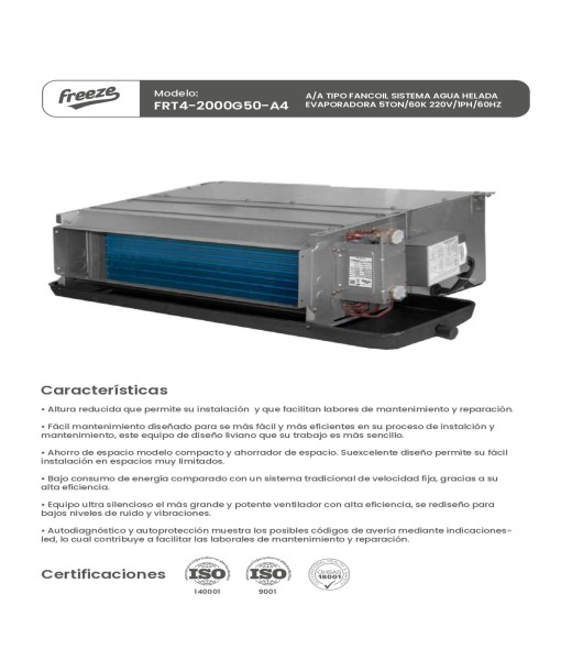 Aire Acondicionado Tipo Fancoil Sistema Agua Helada, Evaporadora 5Ton/60K 220V/1Ph/60Hz