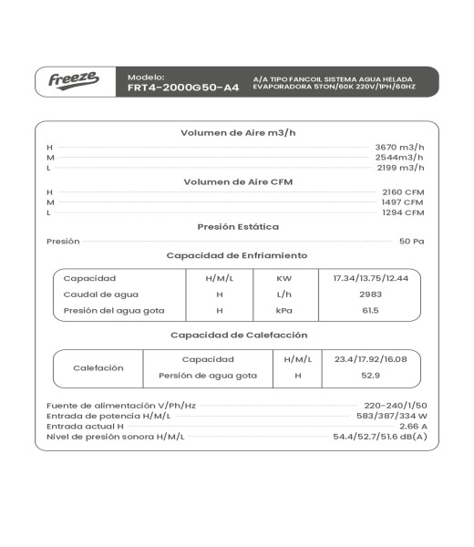 Aire Acondicionado Tipo Fancoil Sistema Agua Helada, Evaporadora 5Ton/60K 220V/1Ph/60Hz