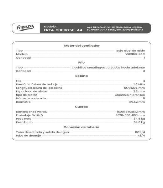 Aire Acondicionado Tipo Fancoil Sistema Agua Helada, Evaporadora 5Ton/60K 220V/1Ph/60Hz