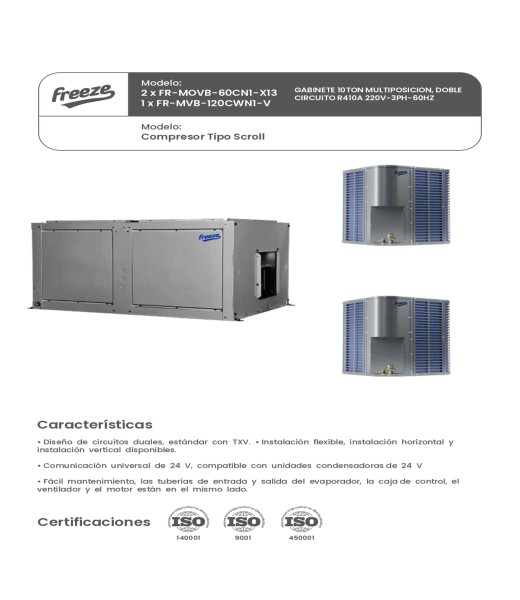 Gabinete 10Ton Multiposicion, Doble Circuito R410A 220V/3Ph/60Hz