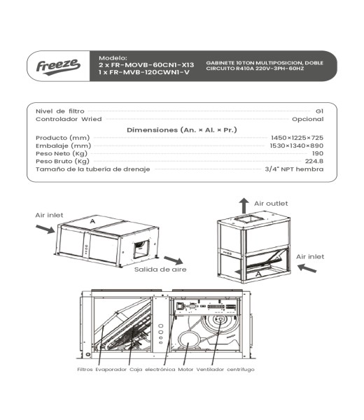 Gabinete 10Ton Multiposicion, Doble Circuito R410A 220V/3Ph/60Hz