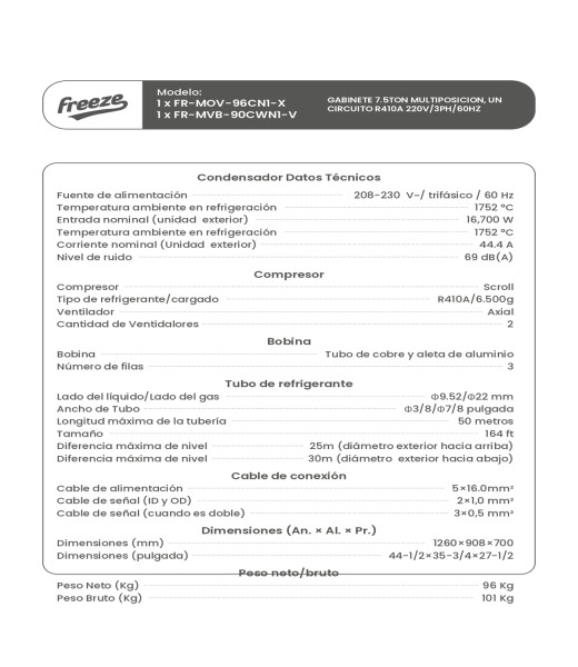 Gabinete 10Ton Multiposicion, Un Circuito R410A 220V/3Ph/60Hz