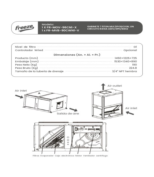 Gabinete 7.5Ton Multiposicion, Un Circuito R410A 220V/3Ph/60Hz