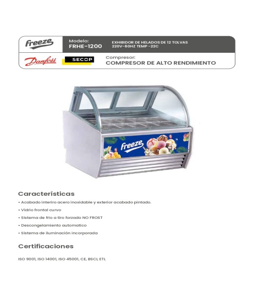 Exhibidor de Helados Freeze 12 Tolvas con Compresor Danfoss