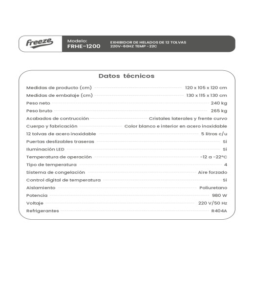 Exhibidor de Helados Freeze 12 Tolvas con Compresor Danfoss